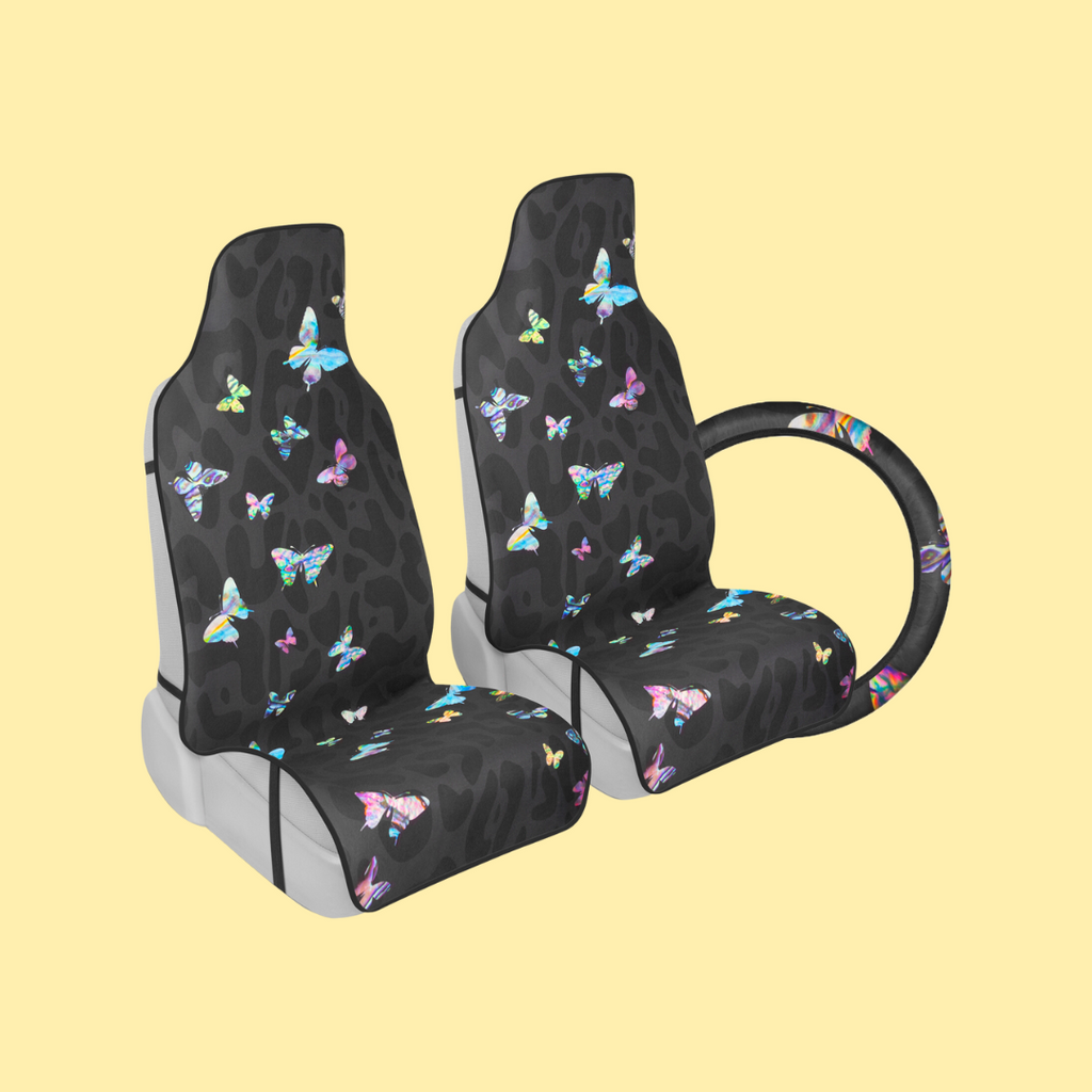 [Bundle] 2-PackBlack Leopard & Butterfly Front Seat Covers & Butterfly Steering Wheel Cover (Standard 14.5" - 15.5")