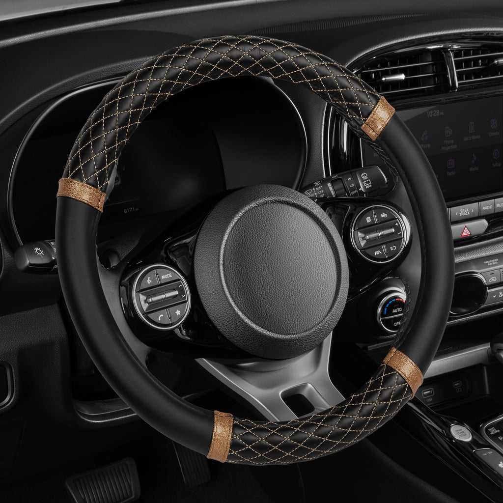 Rose Gold Quilted Steering Wheel Cover - Black