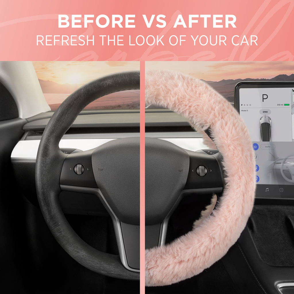 Plush Faux Fur Steering Wheel Cover (Standard 14.5" - 15.5") - Soft Pink - Soft Pink