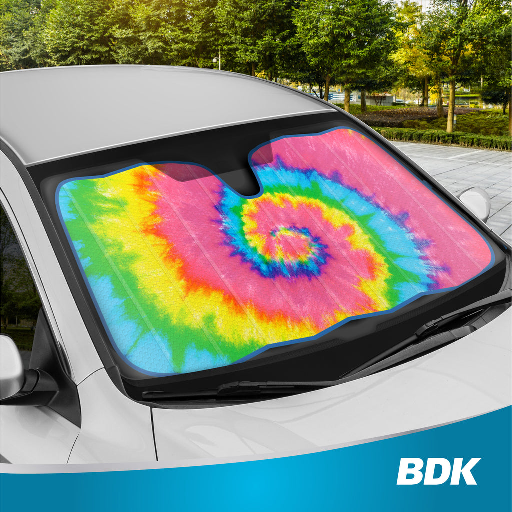 BDK Colorful Rainbow Tie Dye Windshield Sunshade for Cars - Multi-Colored Double Bubble Accordion Folding Sun Shade for Car Truck SUV – Car Sun Visor Protector to Keep Your Vehicle Cool - 58 x 27