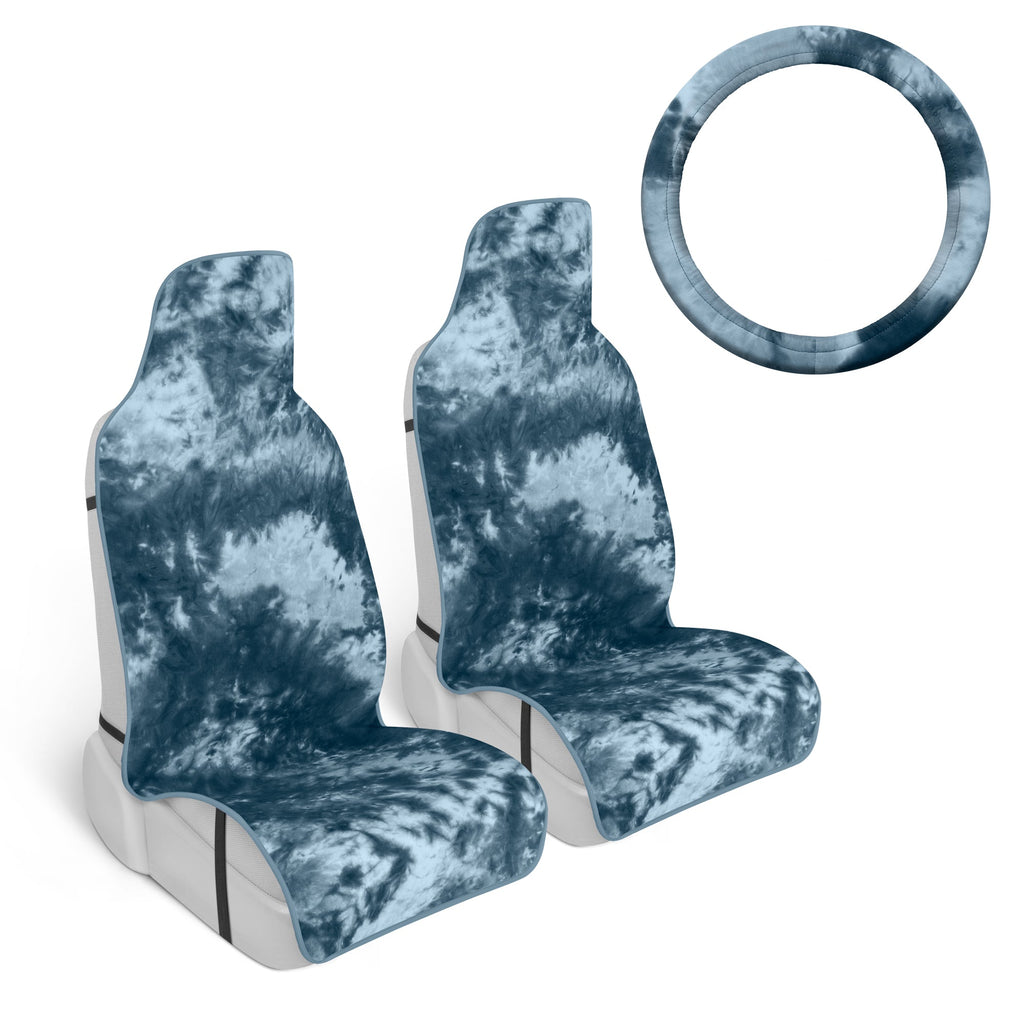 [Bundle] 2-Pack Tie-Dye Front Seat Covers & Steering Wheel Cover (Standard 14.5" - 15.5")