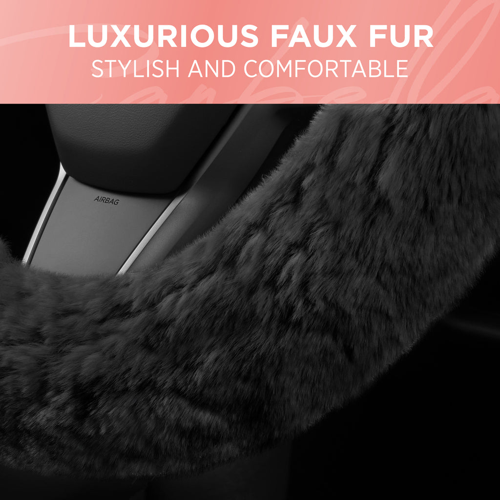 Plush Faux Fur Steering Wheel Cover (Standard 14.5" - 15.5") - Black - Black