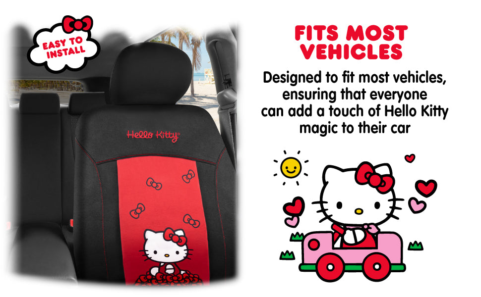 Sanrio Hello Kitty Car Seat Cover - Stylish Black and Red Front Seat Cover with Cute Bow Design, Durable and Comfortable Polyester, Hello Kitty & Friends Car Accessories 1pc