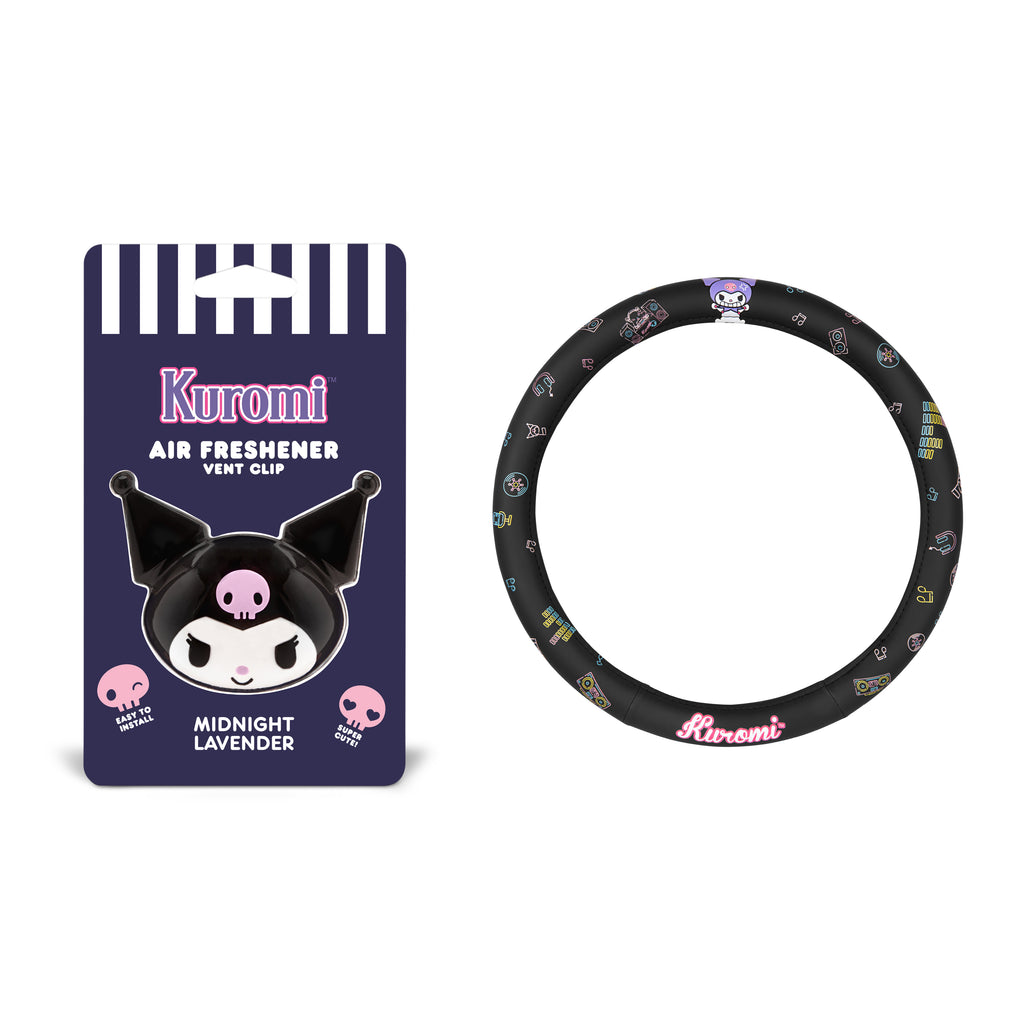 [Bundle] Kuromi Steering Wheel Cover, Official Sanrio Car Steering Wheel Cover with Easy Clip-on Car Air Freshener – Cute and Long-Lasting Kuromi Air Freshener for Car, Odor Eliminator, Fun Scents