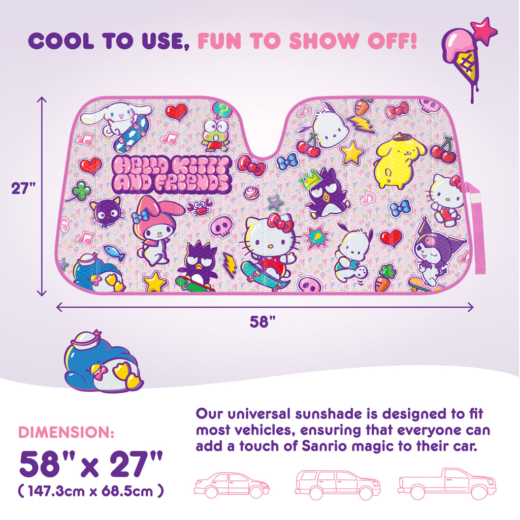 Official Sanrio Hello Kitty and Friends Front Windshield Sunshade (58" x 28")