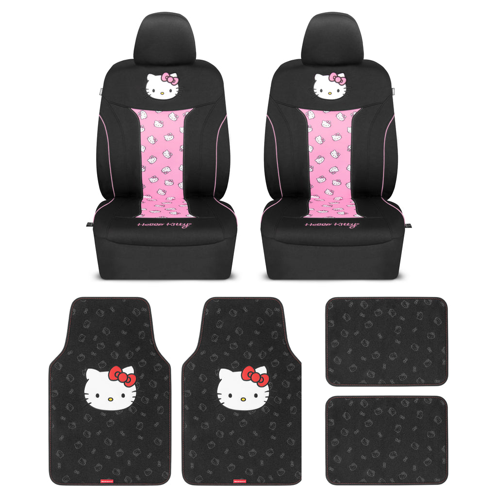 [Bundle] Hello Kitty Car Seat Covers - Cute and Durable Pink Front Seat Covers with 4PC Carpet Car Floor Mats - Universal Fit for Cars, SUVs & Trucks - Black with Red Bow & Hello Kitty Print