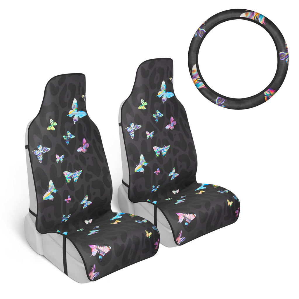 [Bundle] 2-PackBlack Leopard & Butterfly Front Seat Covers & Butterfly Steering Wheel Cover (Standard 14.5" - 15.5")