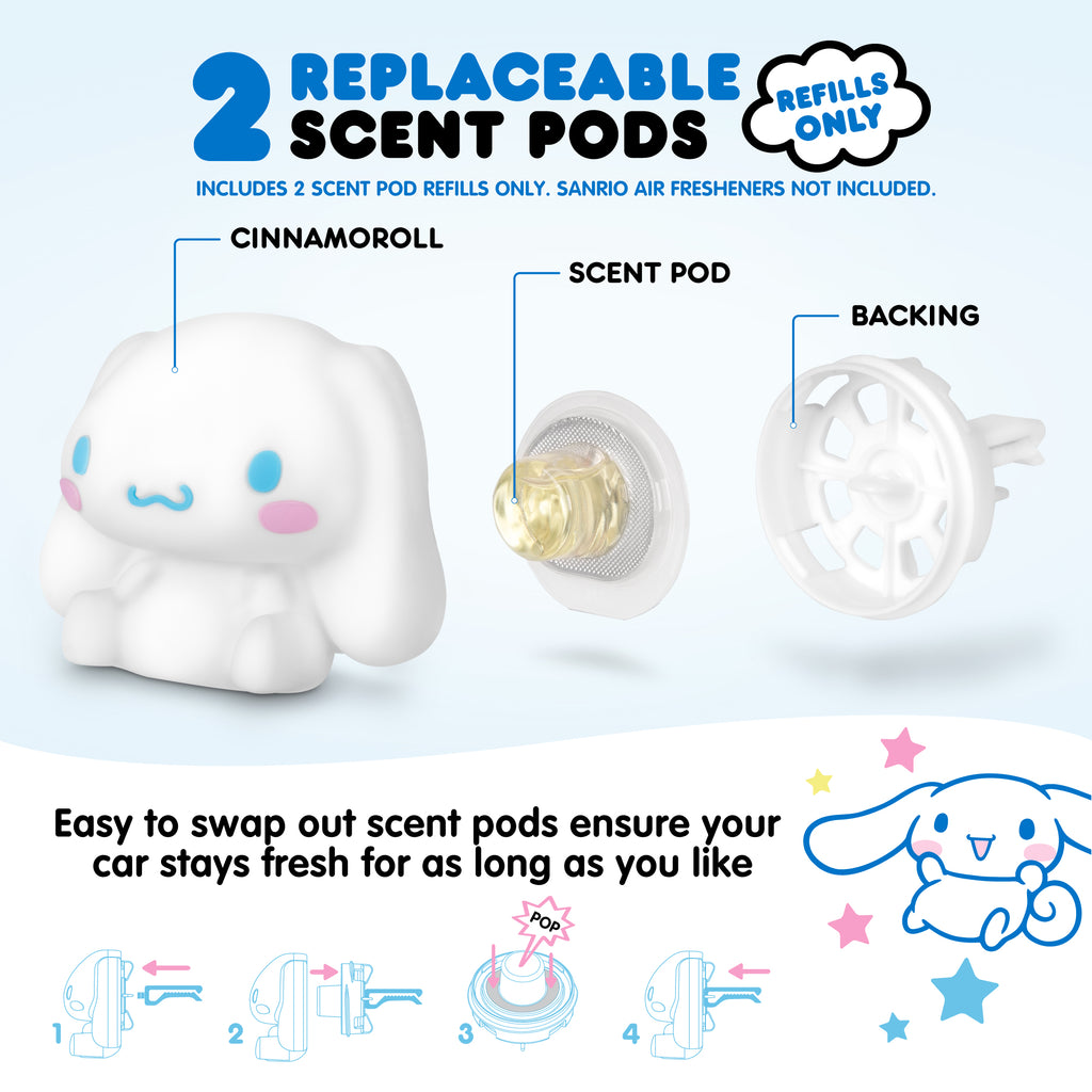 Official Sanrio Cinnamoroll Car Air Freshener Refills 2-Pack - Fresh Cotton Scent – Cute Hello Kitty & Friends Car Accessories (2 Refills)