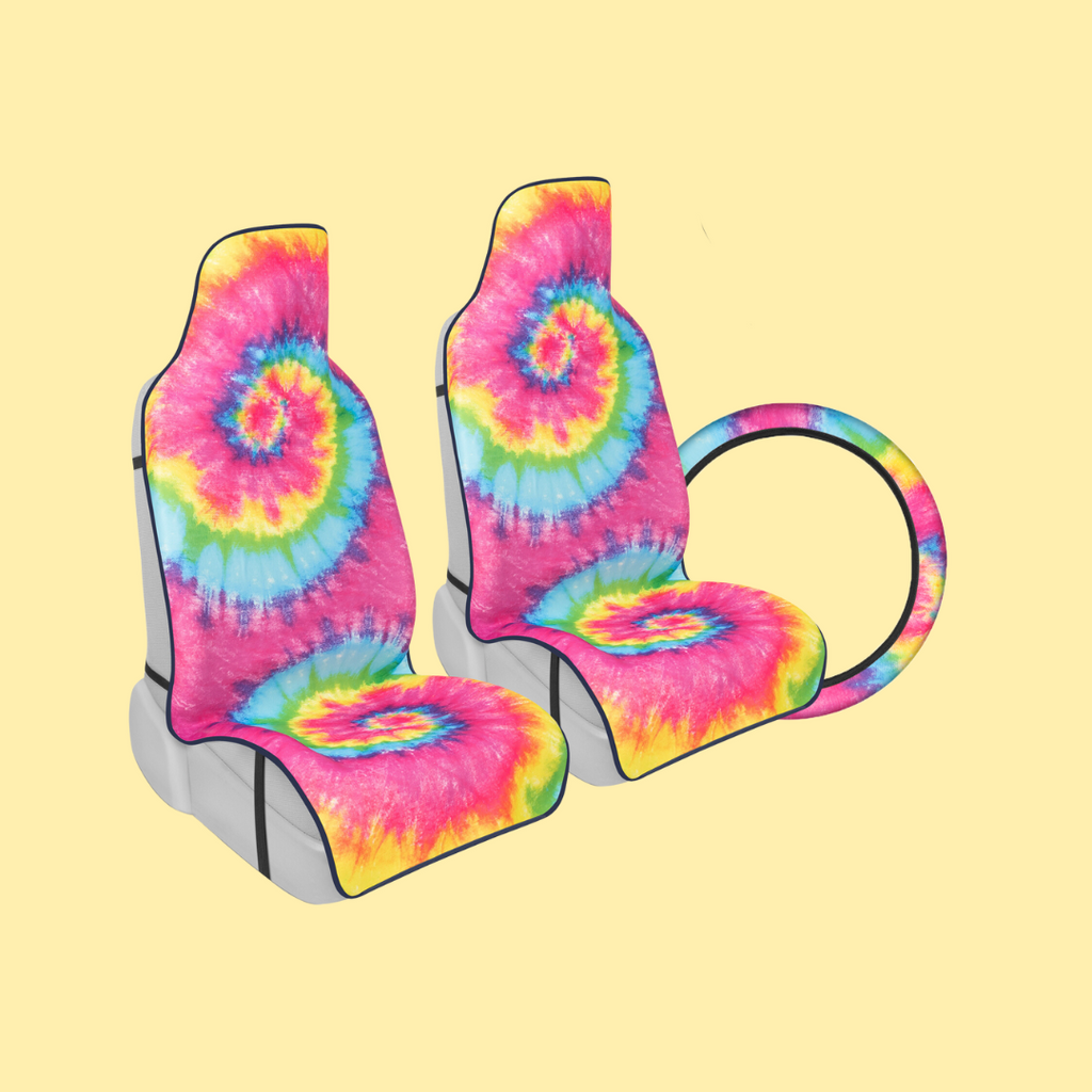 [Bundle] Tie-Dye 2-Pack Front Seat Covers and Steering Wheel Cover (Standard 14.5" - 15.5") - Rainbow - Rainbow