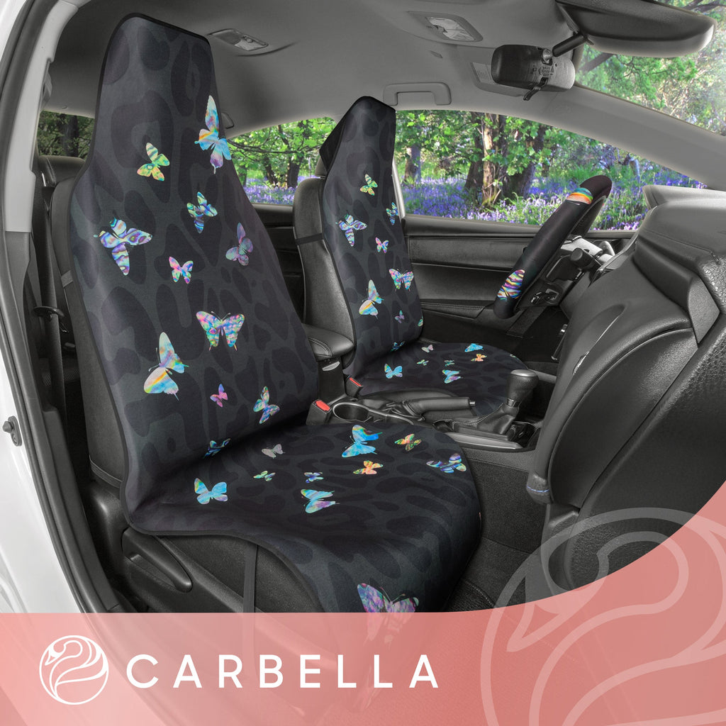 [Bundle] 2-PackBlack Leopard & Butterfly Front Seat Covers & Butterfly Steering Wheel Cover (Standard 14.5" - 15.5")