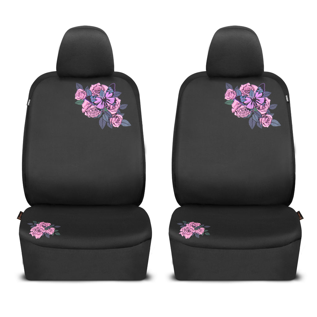 Pink Butterfly & Flowers Car Seat Covers, Cute Car Accessories for Women Front Seat Covers for Car Fits most Cars Trucks Vans SUV Embroidered Design