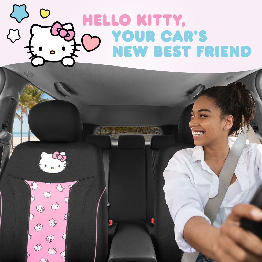 Sanrio Hello Kitty Car Seat Cover - Cute and Durable Pink Front Seat Cover, Adorable Hello Kitty Design, Comfortable and Long-Lasting Polyester, Hello Kitty & Friends Car Accessories 1pc Black/Pink