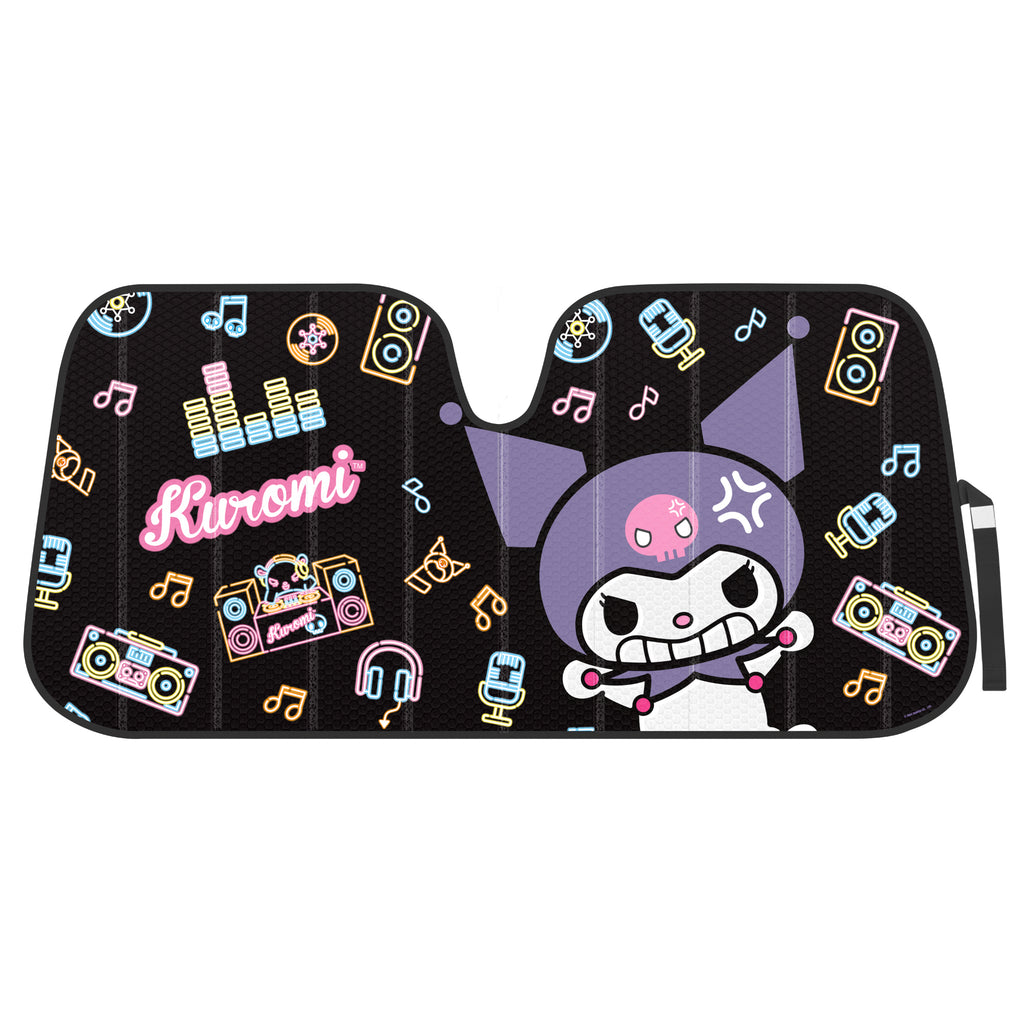 [Bundle] Kuromi Car Seat Covers, Car Floor Mats, Steering Wheel Cover, Windshield Sun Shade for Car Gift Pack Car Air Freshener Black and Purple Hello Kitty Car Accessories for Women 9pc Combo