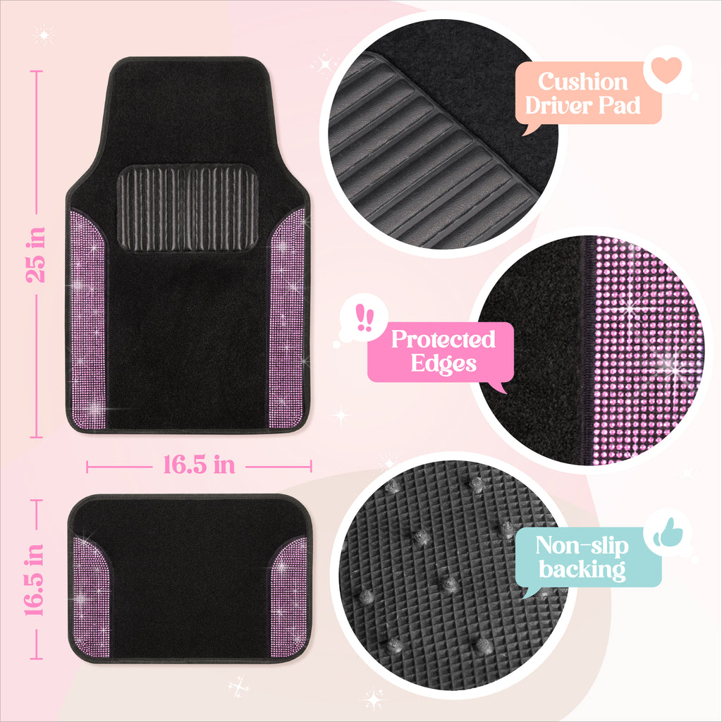 4-Piece Diamond Bling Front Floor Mats & Rear Floor Mats - Light Pink - Light Pink