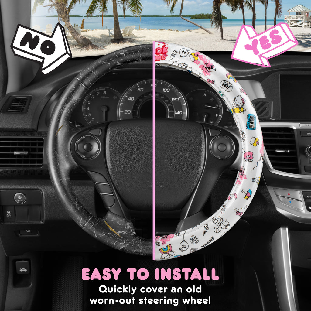 Hello Kitty Steering Wheel Cover, Official Sanrio Car Steering Wheel Cover with Universal Size 14.5 - 15.5, Cute White Steering Wheel Cover for Women, Hello Kitty Car Accessories (Hello Kitty Look at Me)