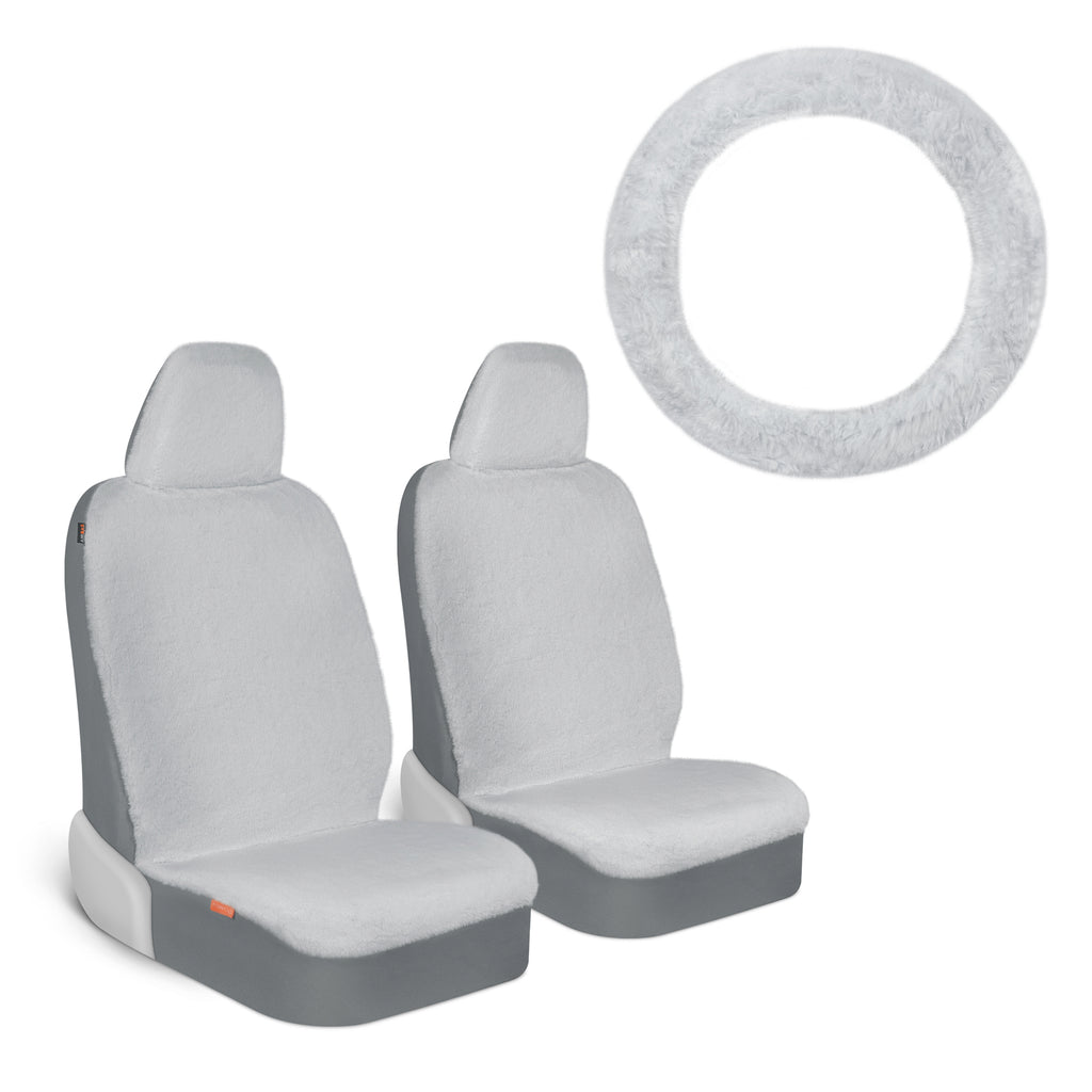 Gray Faux Fur Seat Covers and Steering Wheel Cover