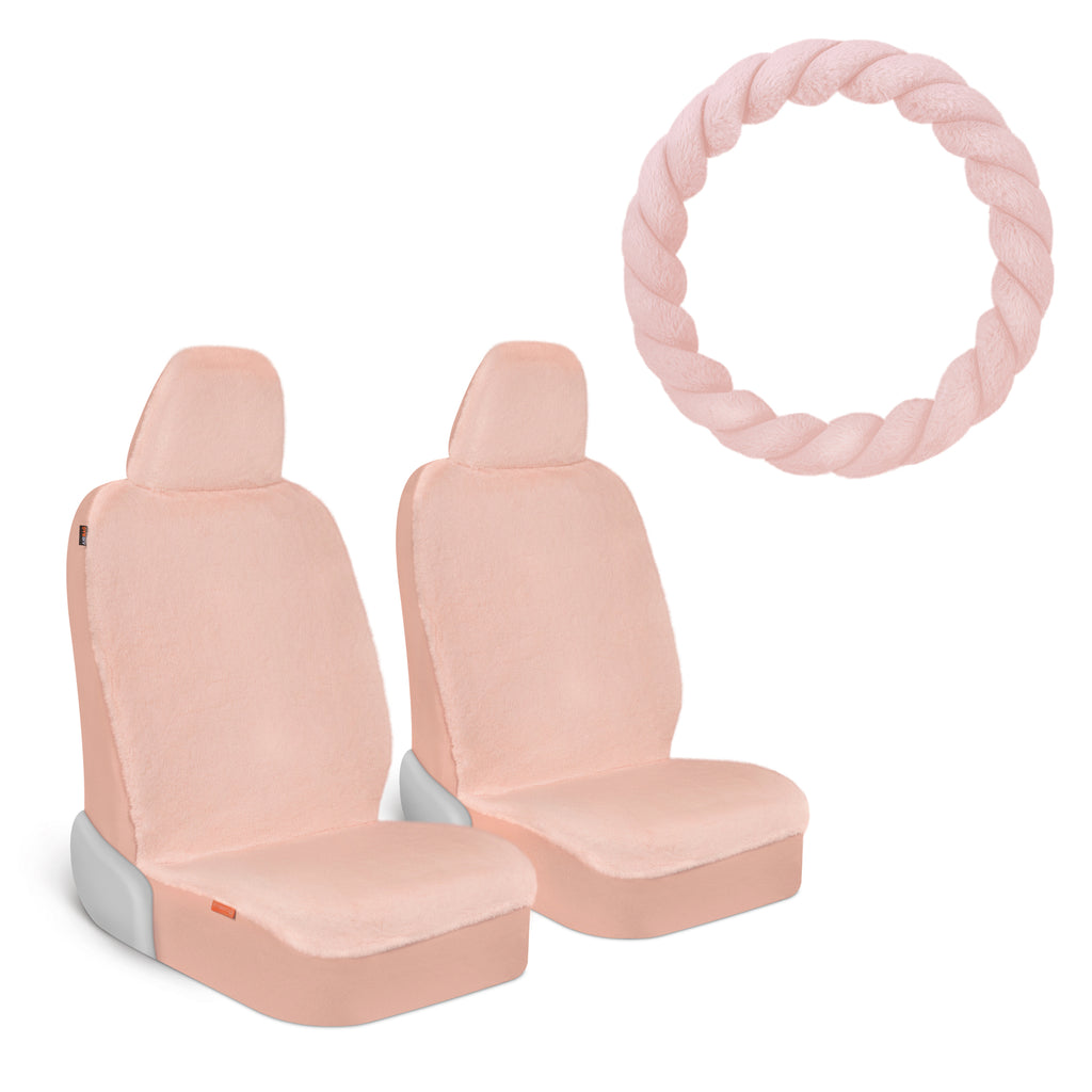 Soft Pink Faux Fur Seat Covers and Soft Pink Twisted Faux Fur Steering Wheel Cover