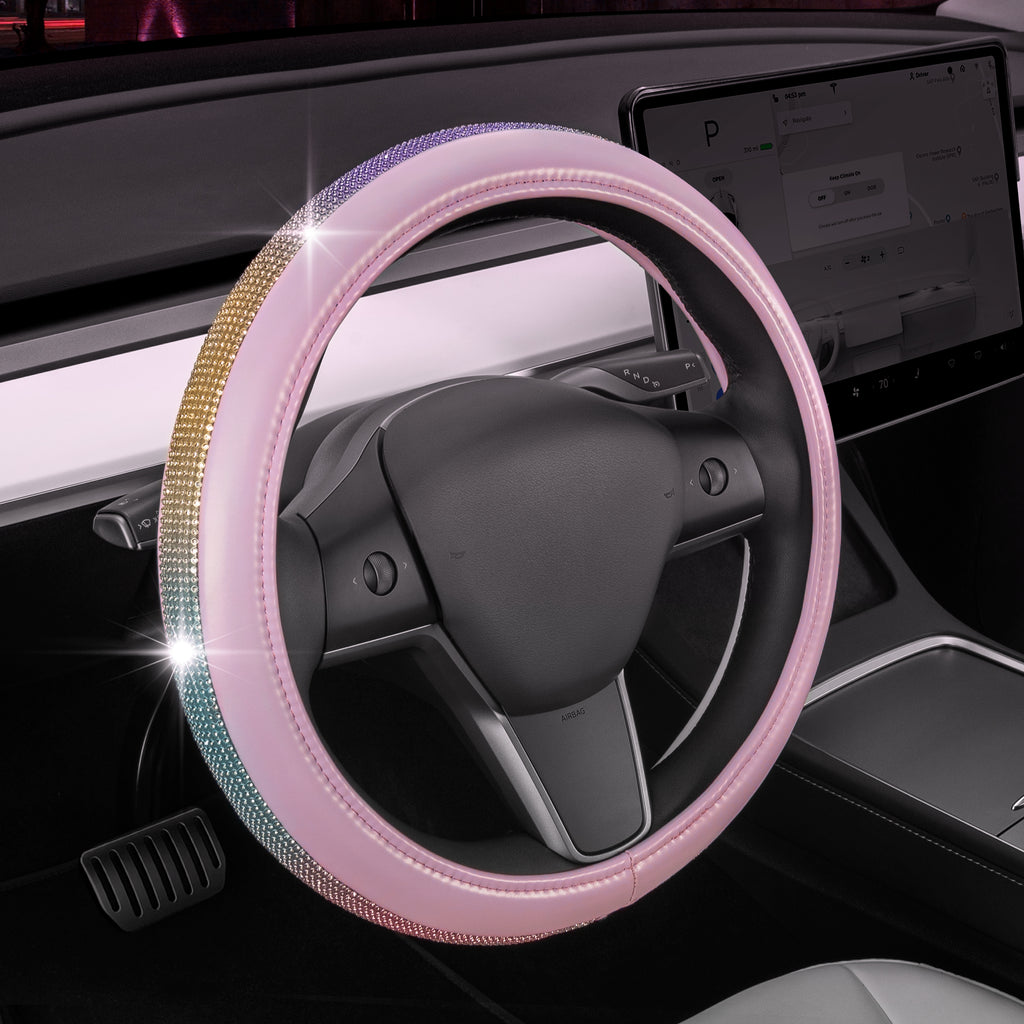 Pink Leather Steering Wheel Cover with Rainbow Crystals on the side