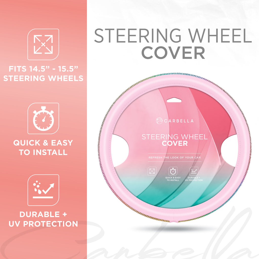 Pink Leather Steering Wheel Cover with Rainbow Crystals on the side