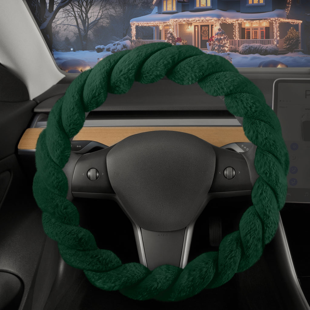 Dark Green Faux Fur Steering Wheel Cover on Steering Wheel