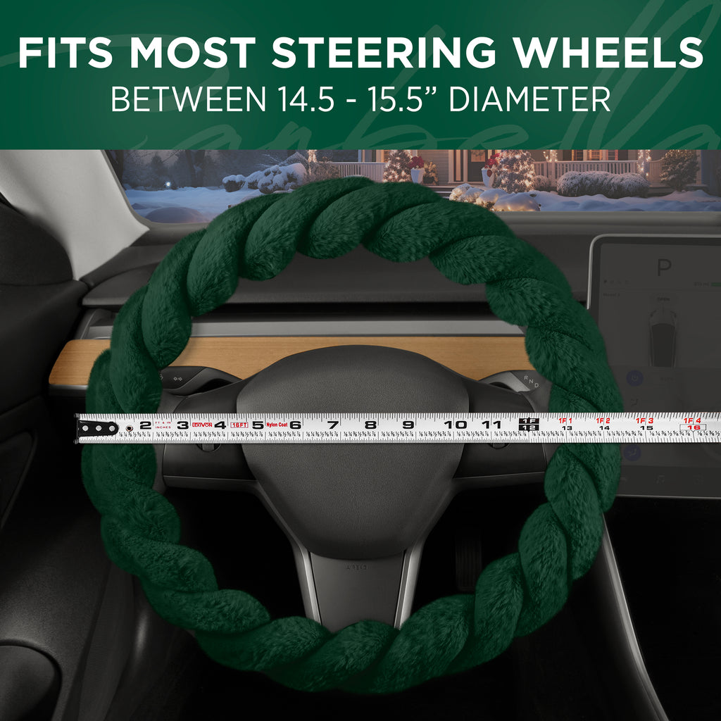 Dark Green Faux Fur Steering Wheel Cover Fitment: Between 14.5" - 15.5" diameter