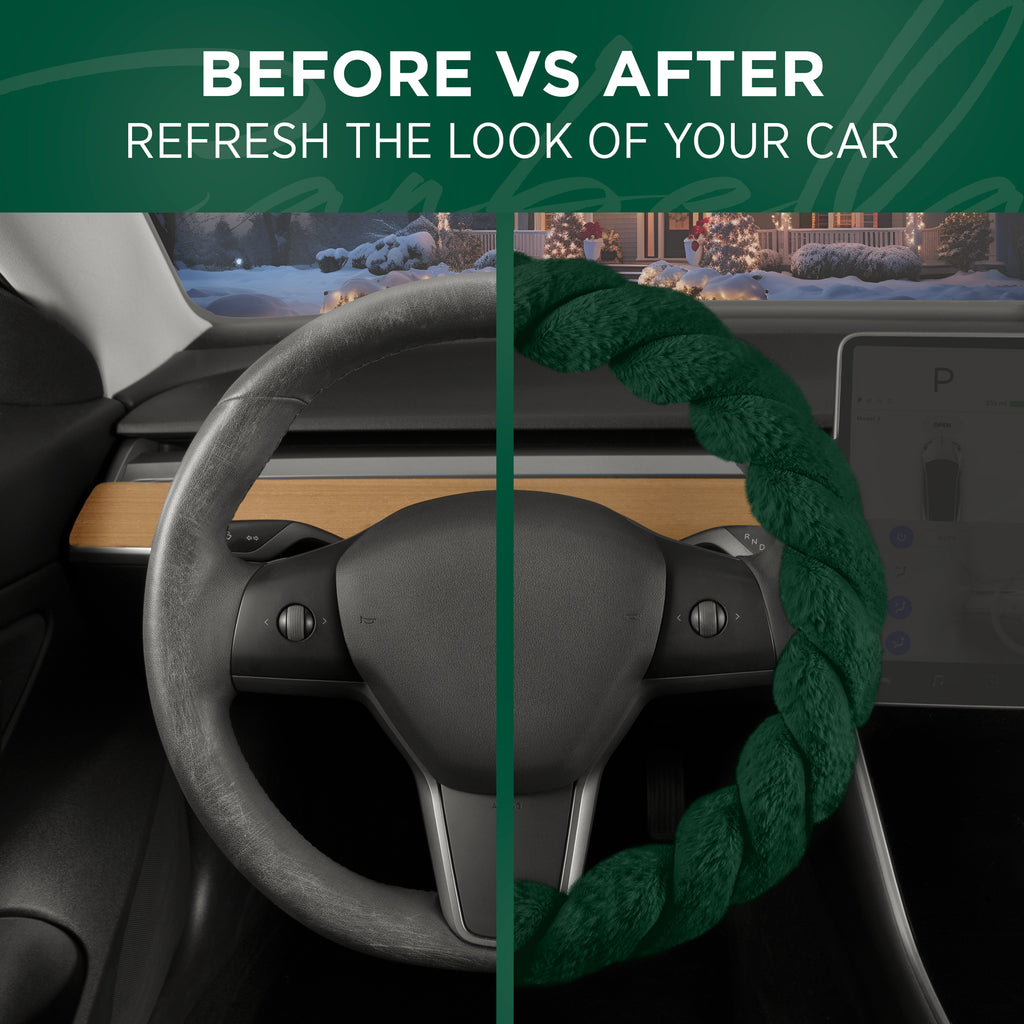 Details of Dark Green Faux Fur Steering Wheel Cover on Steering Wheel