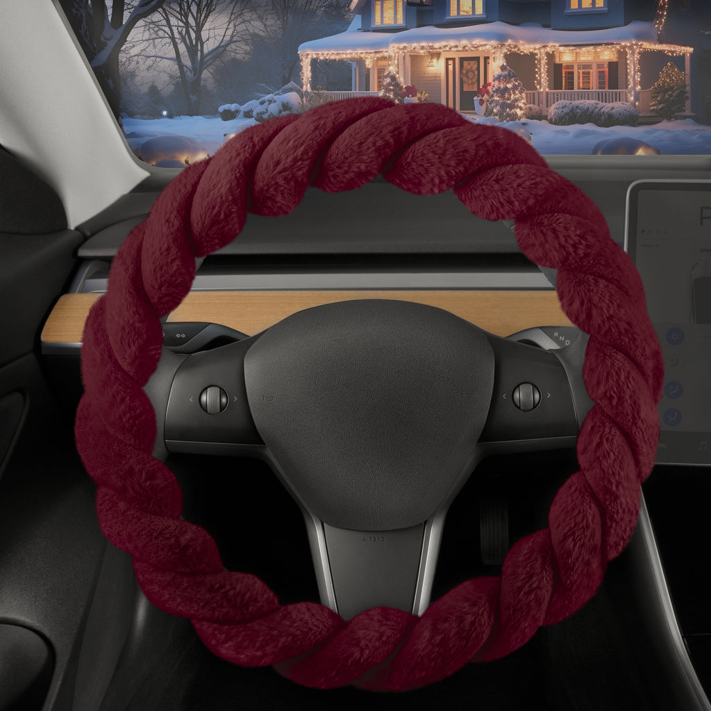 Red Faux Fur Steering Wheel Cover installed on steering wheel