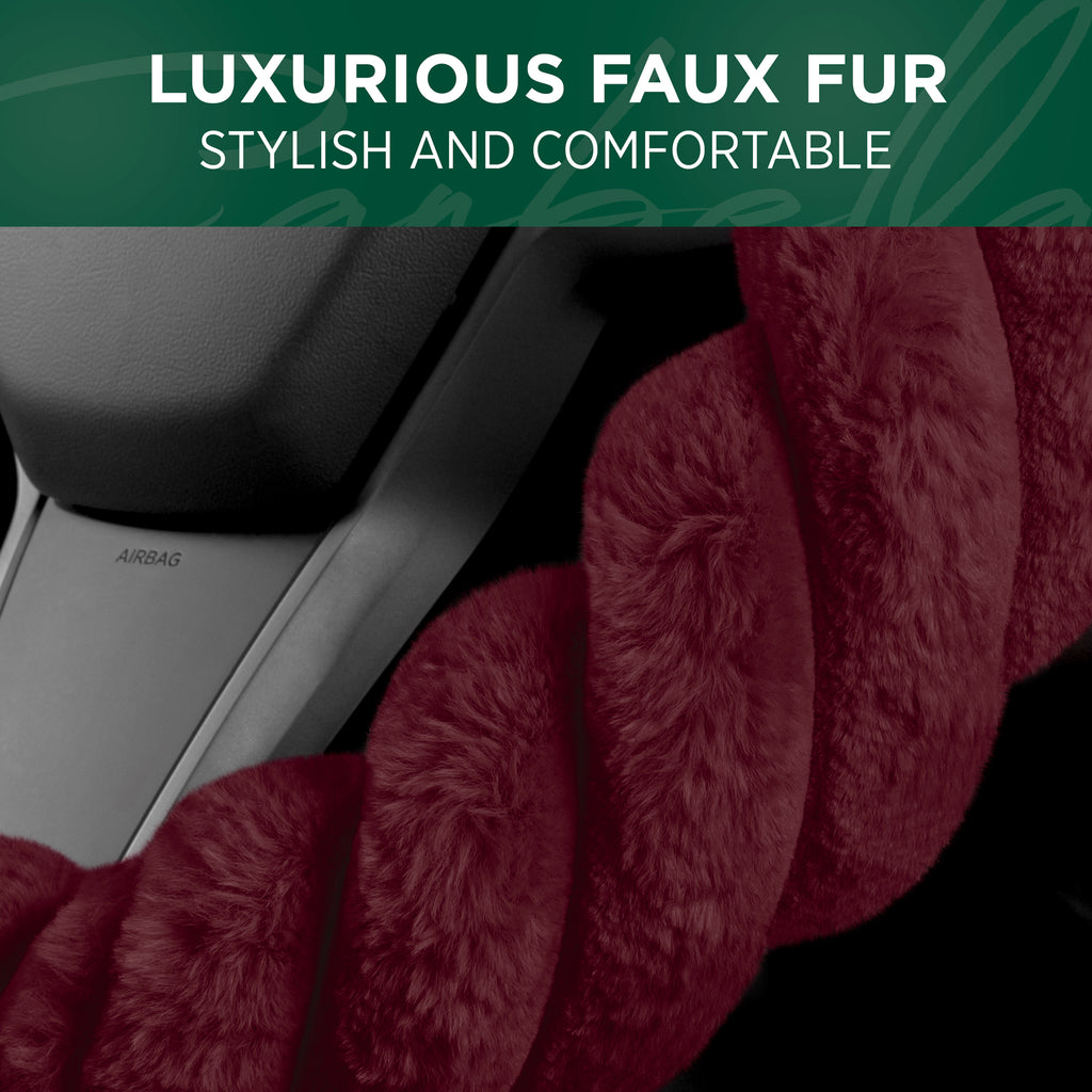 Details of Red Green Faux Fur Steering Wheel Cover on Steering Wheel