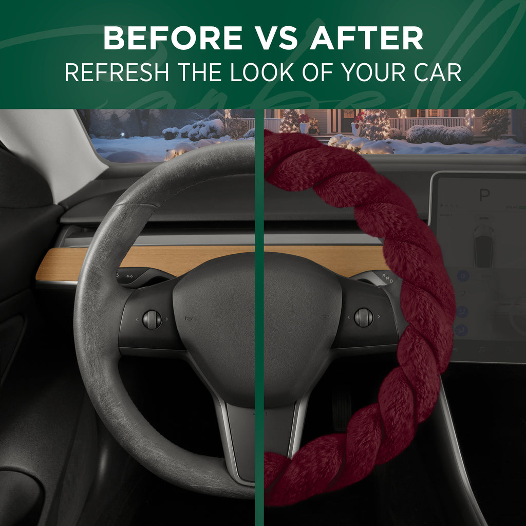 Details of Red Green Faux Fur Steering Wheel Cover on Steering Wheel