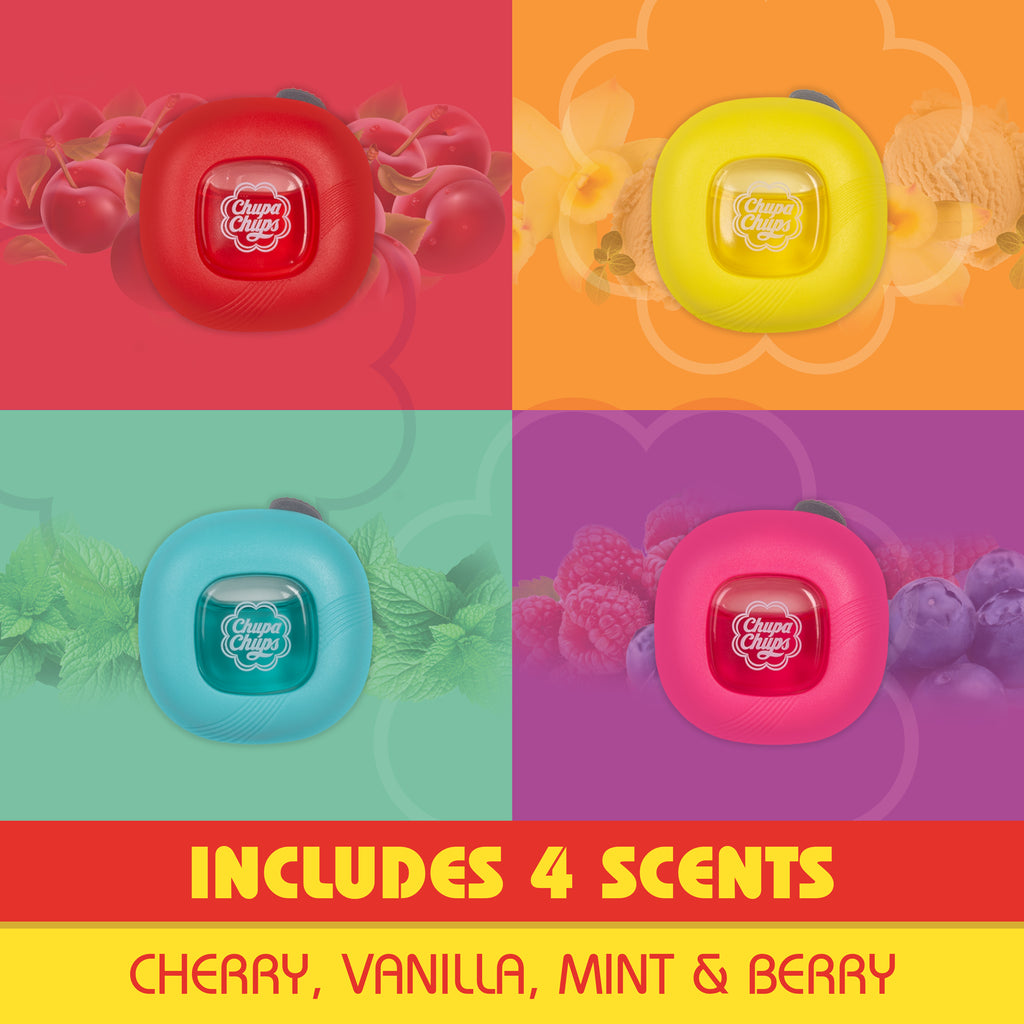 Chupa Chups Car Air Freshener 4 Assorted: Vanilla, Cherry, Mint, Berry