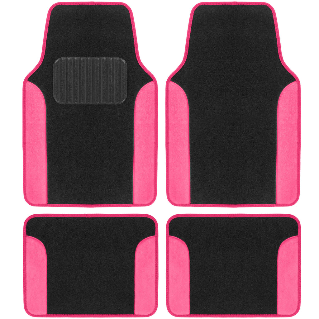 Hot Pink Leather Detail Black Carpet Car Floor Mat - Set of 4