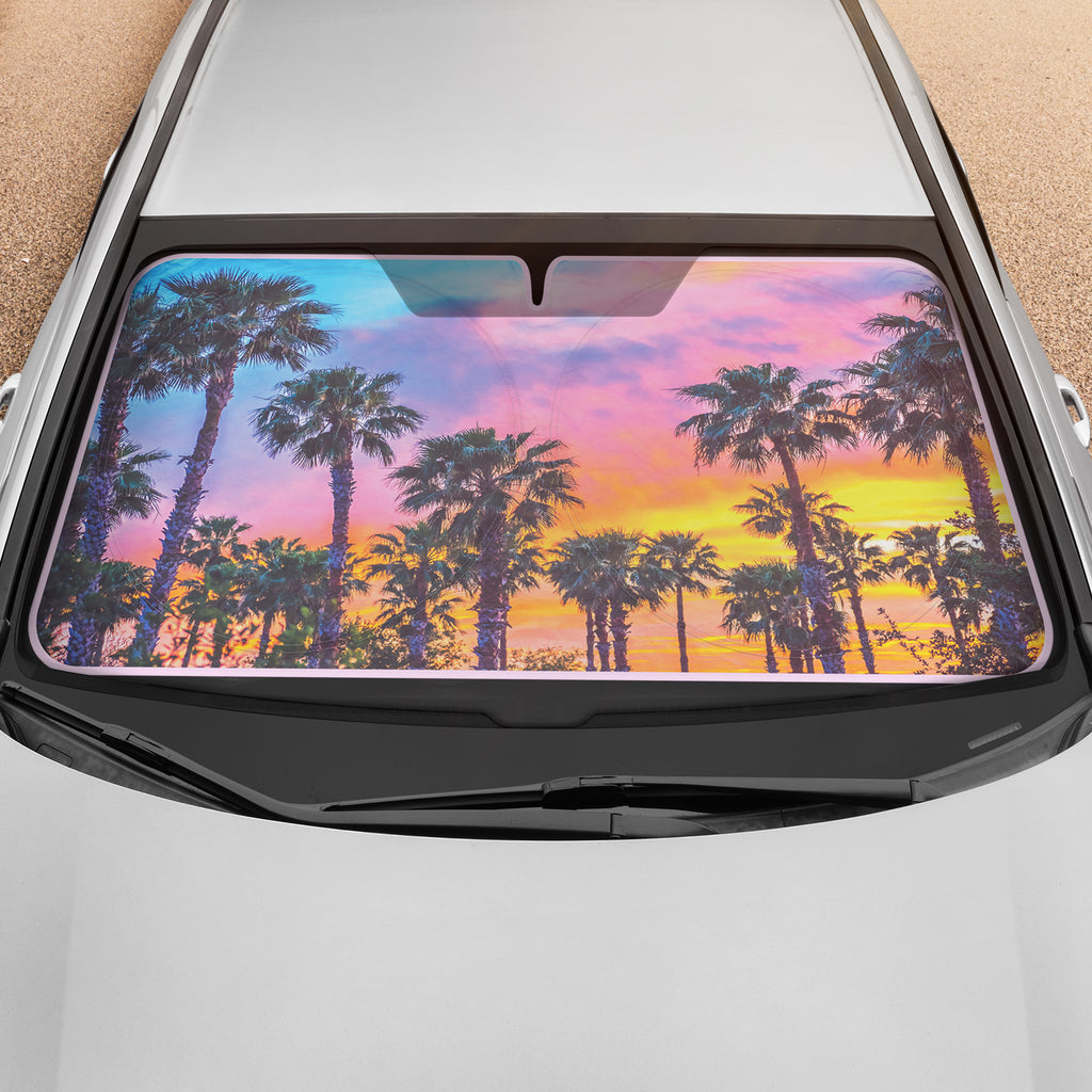 Sunset Palms Front Windshield Sunshade (Jumbo 64" x 32") - Rainbow Sunset