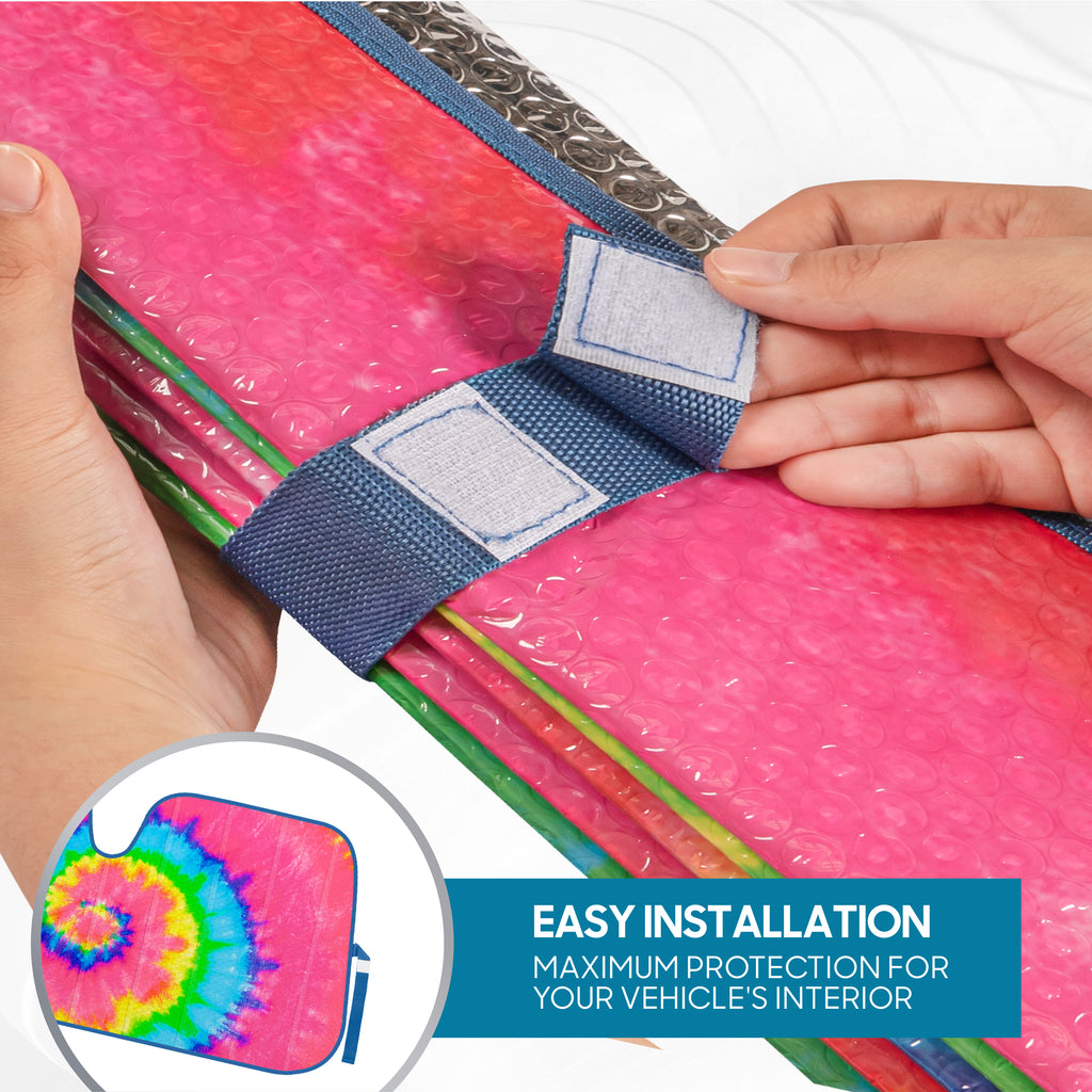 BDK Colorful Rainbow Tie Dye Windshield Sunshade for Cars - Multi-Colored Double Bubble Accordion Folding Sun Shade for Car Truck SUV – Car Sun Visor Protector to Keep Your Vehicle Cool - 58 x 27