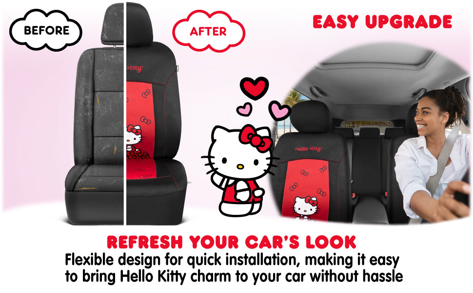 Sanrio Hello Kitty Car Seat Cover - Stylish Black and Red Front Seat Cover with Cute Bow Design, Durable and Comfortable Polyester, Hello Kitty & Friends Car Accessories 1pc