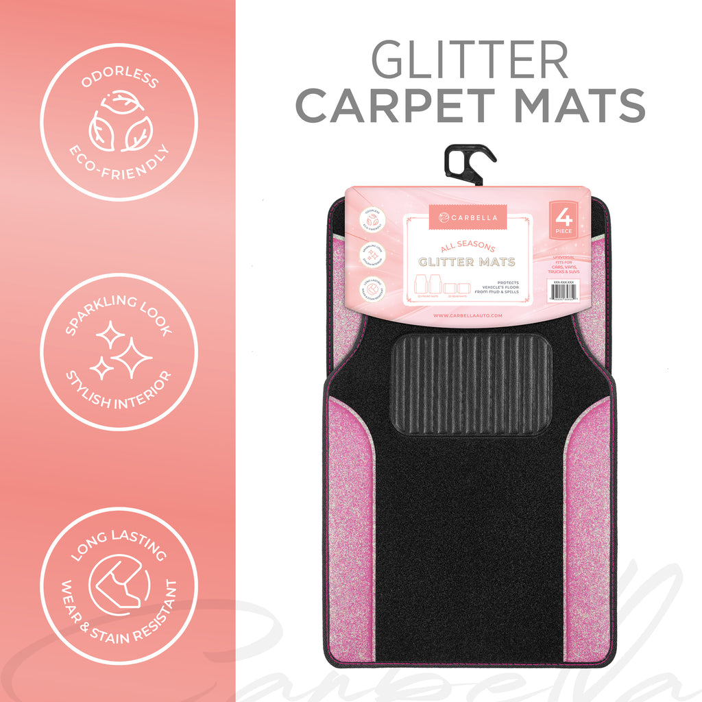 4-Piece Sparkle Glitter Front Floor Mats & Rear Floor Mats - Pink - Pink