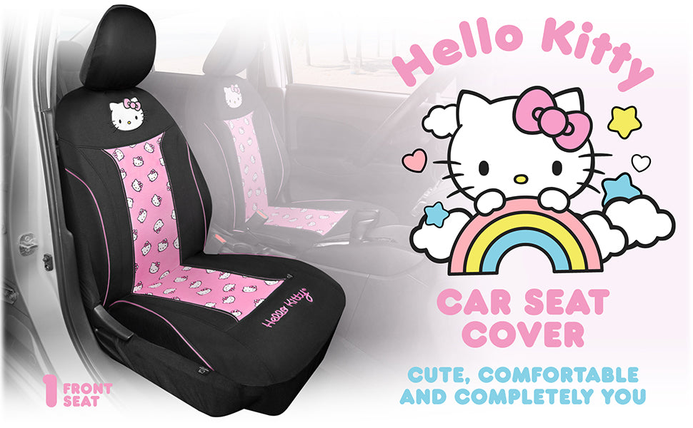 Sanrio Hello Kitty Car Seat Cover - Cute and Durable Pink Front Seat Cover, Adorable Hello Kitty Design, Comfortable and Long-Lasting Polyester, Hello Kitty & Friends Car Accessories 1pc Black/Pink