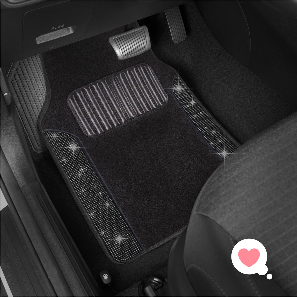 4-Piece Diamond Bling Front Floor Mats & Rear Floor Mats - Black - Black