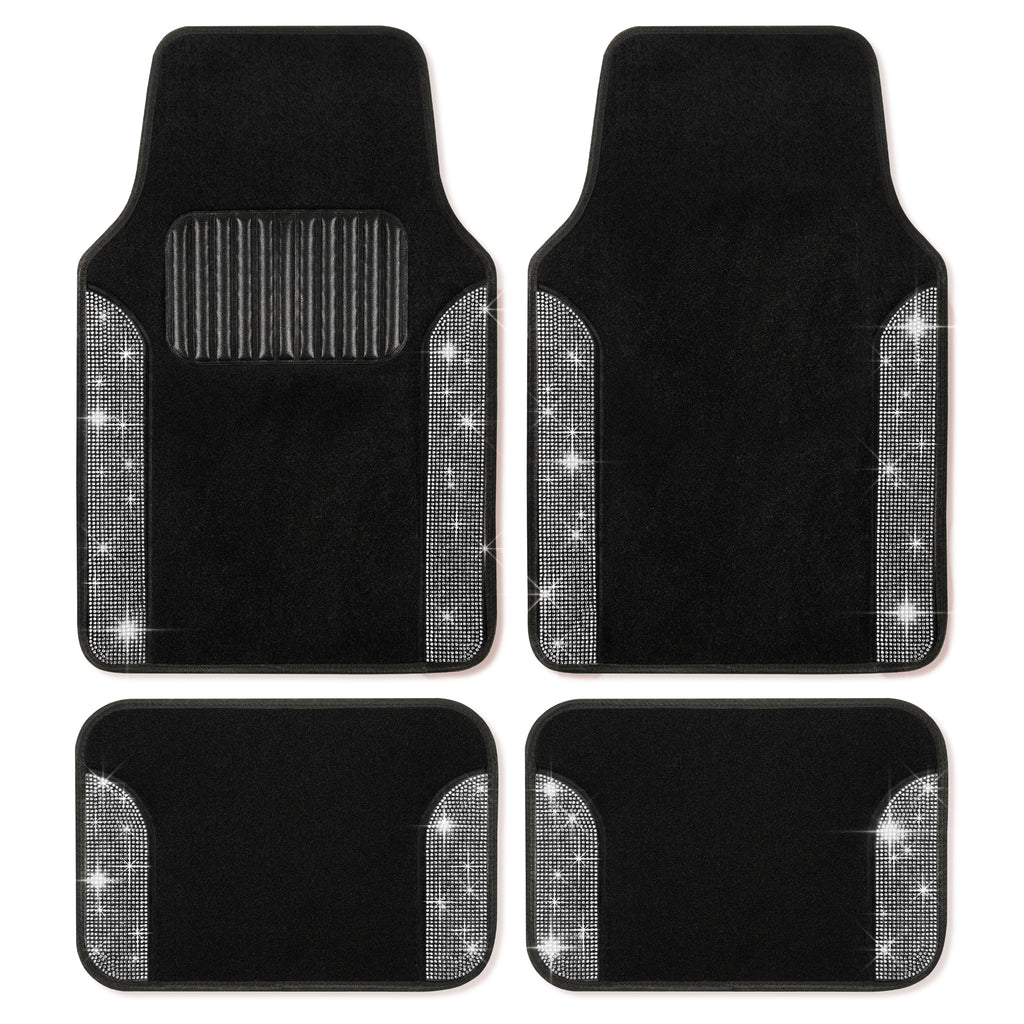 4-Piece Diamond Bling Front Floor Mats & Rear Floor Mats - White - White