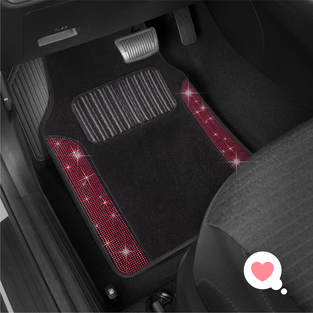 4-Piece Diamond Bling Front Floor Mats & Rear Floor Mats - Red - Red