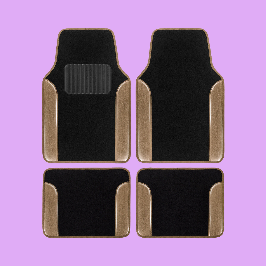 4-Piece Two-Tone Carpet Leatherette Front Floor Mats & Rear Floor Mats - Gold - Gold