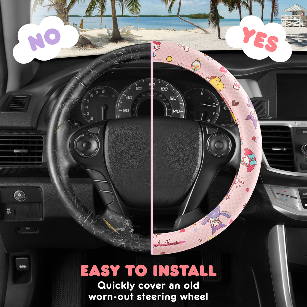 Hello Kitty and Friends Steering Wheel Cover, Universal Fit Cute Accessories for Women, Stylish Decor Gift Hello Accessories - Fits Standard Wheels 14.5"-15"