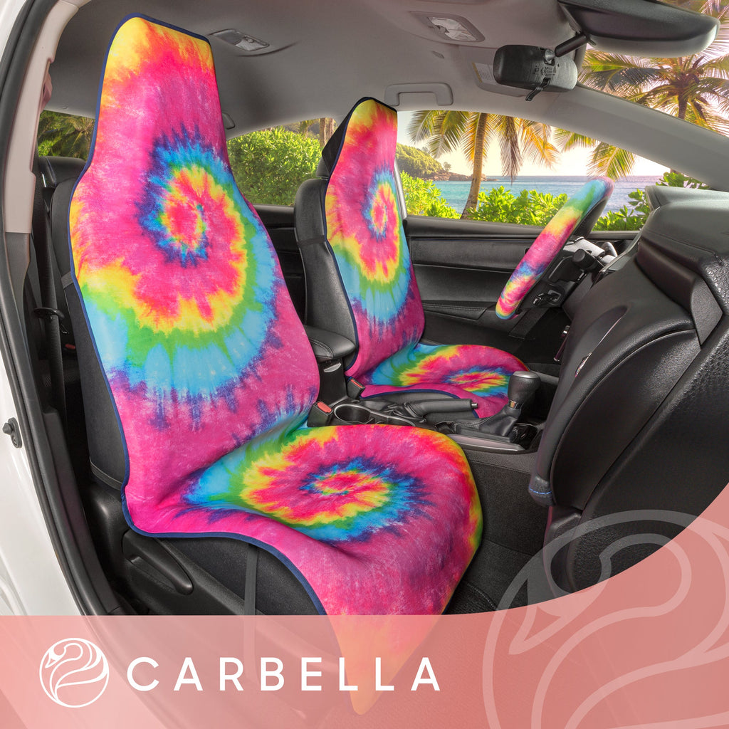 [Bundle] 2-Pack Tie-Dye Front Seat Covers & Steering Wheel Cover (Standard 14.5" - 15.5")