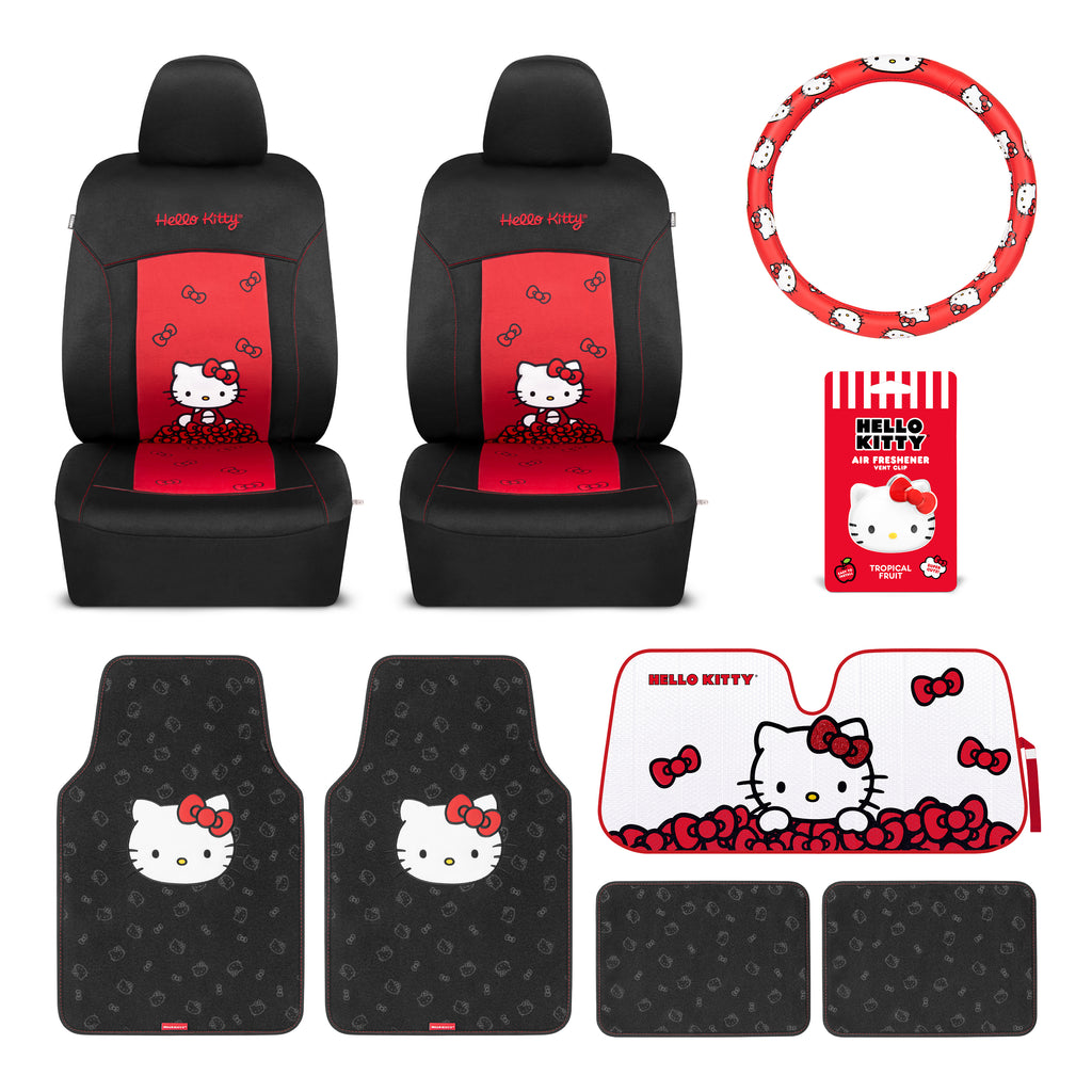 [Bundle] Hello Kitty Car Seat Covers, Car Floor Mats, Steering Wheel Cover, Windshield Sun Shade for Car Gift Pack Car Air Freshener Black and Red Hello Kitty Car Accessories for Women 9pc Combo