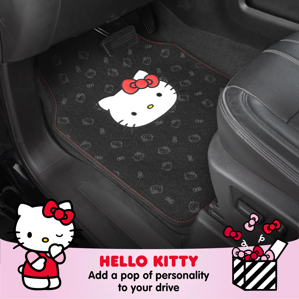 [Bundle] Hello Kitty Car Seat Covers - Cute and Durable Pink Front Seat Covers with 4PC Carpet Car Floor Mats - Universal Fit for Cars, SUVs & Trucks - Black with Red Bow & Hello Kitty Print