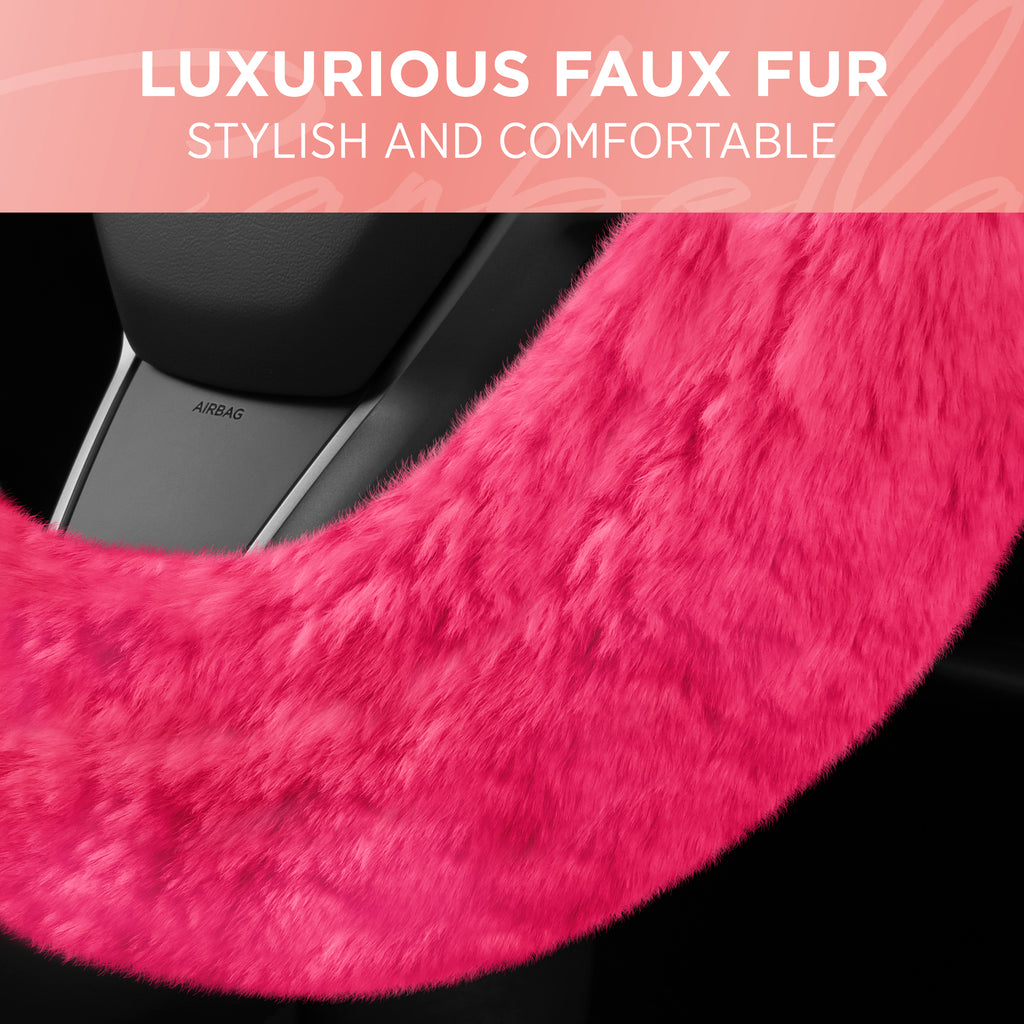 Plush Faux Fur Steering Wheel Cover (Standard 14.5" - 15.5") - Hot Pink - Hot Pink