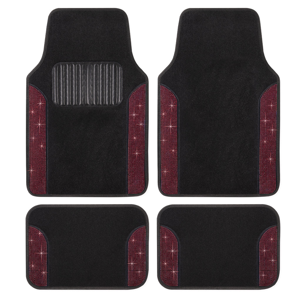 4-Piece Diamond Bling Front Floor Mats & Rear Floor Mats - Red - Red