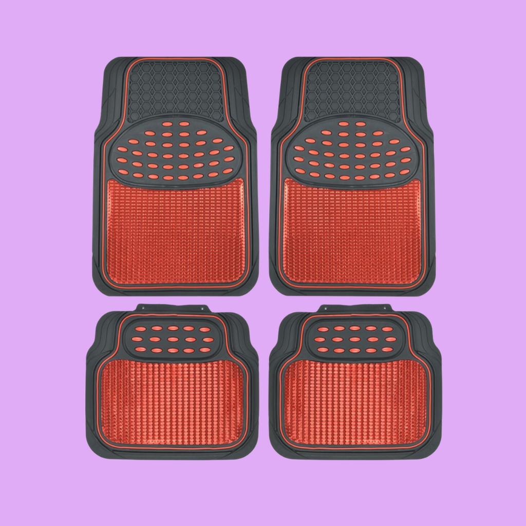 4-Piece Metallic Rubber Front Floor Mats & Rear Floor Mats - Red - Red