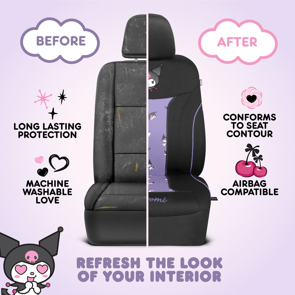 Sanrio Kuromi Car Seat Cover - Cute Black and Purple Front Seat Cover with Lavender Accents, Durable and Comfortable Polyester, Hello Kitty & Friends Car Accessories 1pc