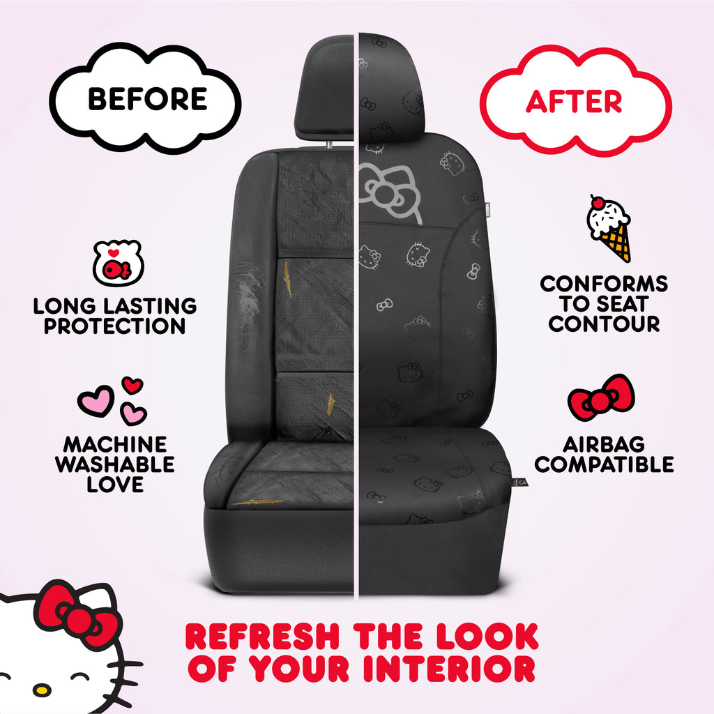 Hello Kitty Car Seat Covers - Cute Front Seat Covers, PU Leather Seat Covers for Cars, SUV, Van, Trucks, Hello Kitty Car Accessories 2pc Black