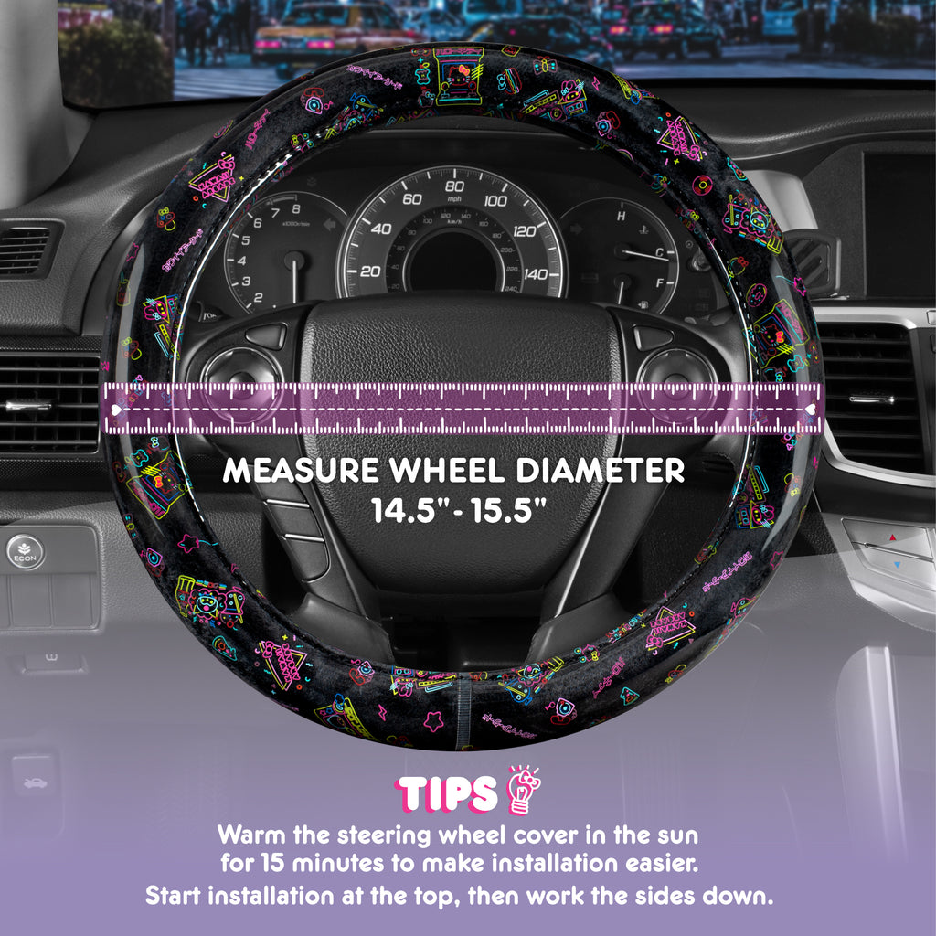 Hello Kitty Steering Wheel Cover, Official Sanrio Car Steering Wheel Cover with Universal Size 14.5 - 15.5, Cute Black Steering Wheel Cover for Women, Hello Kitty Car Accessories (Hello Kitty Kawaii Arcade)